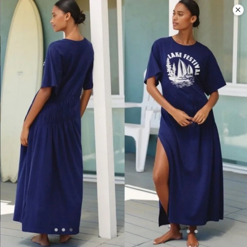 Anthropologie Celandine Cotton Crew Neck T-Shirt Dress Navy Blue 1X Plus NWT